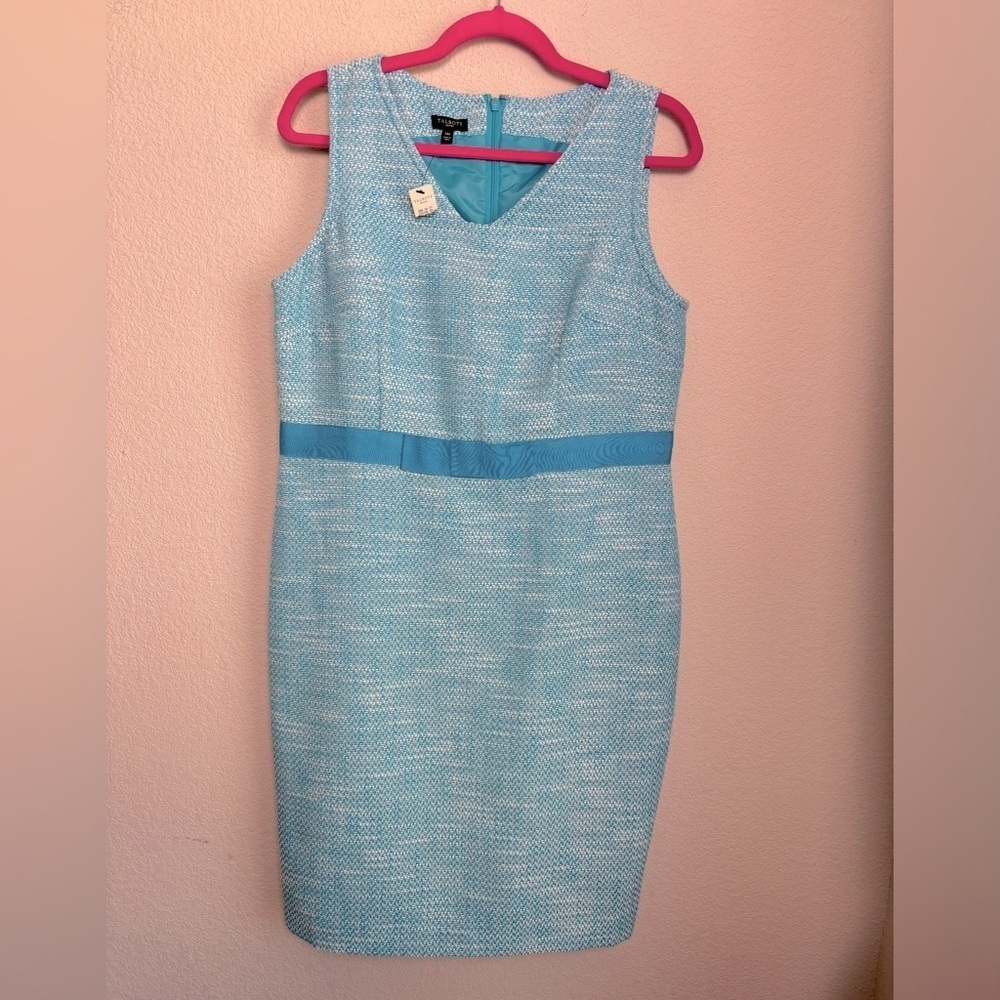 NWT Talbots Blue and White Tweed Structured Ribbon Bow Waist Shift Dress 14P